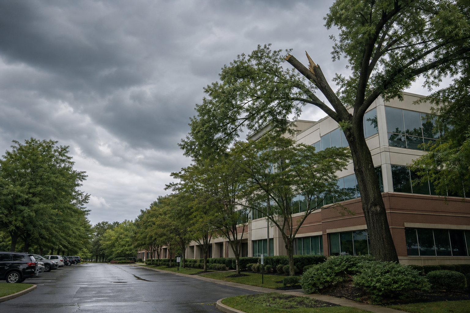 Commercial property with mature trees along tenant walkways under storm-season skies
